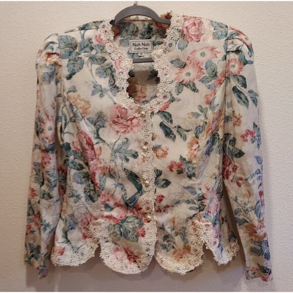 VTG Nah Nah Nah Blouse womens 18 Pastel Lace scalloped neck Floral Cottage Core - Picture 5 of 11